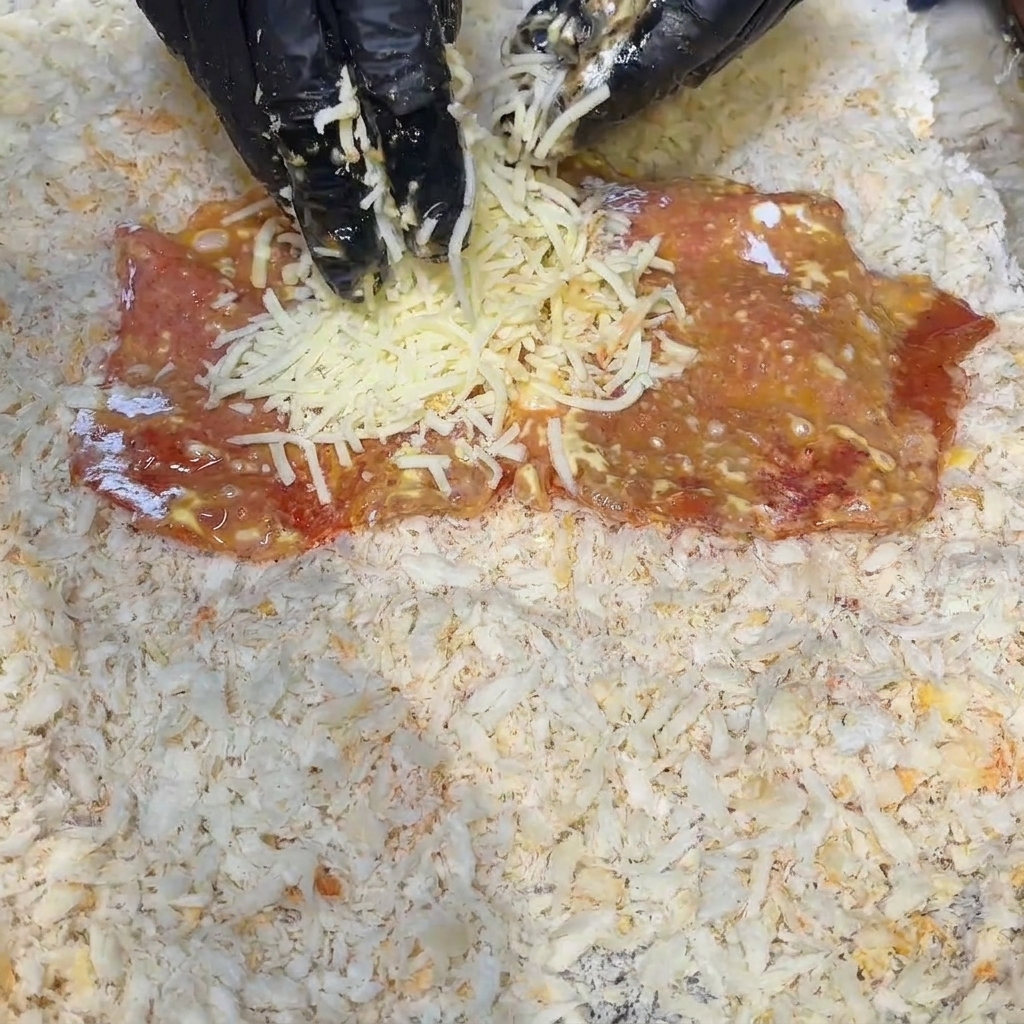 Fetta di maiale marinato su un piano con pangrattato, mentre una mano aggiunge formaggio grattugiato al centro.