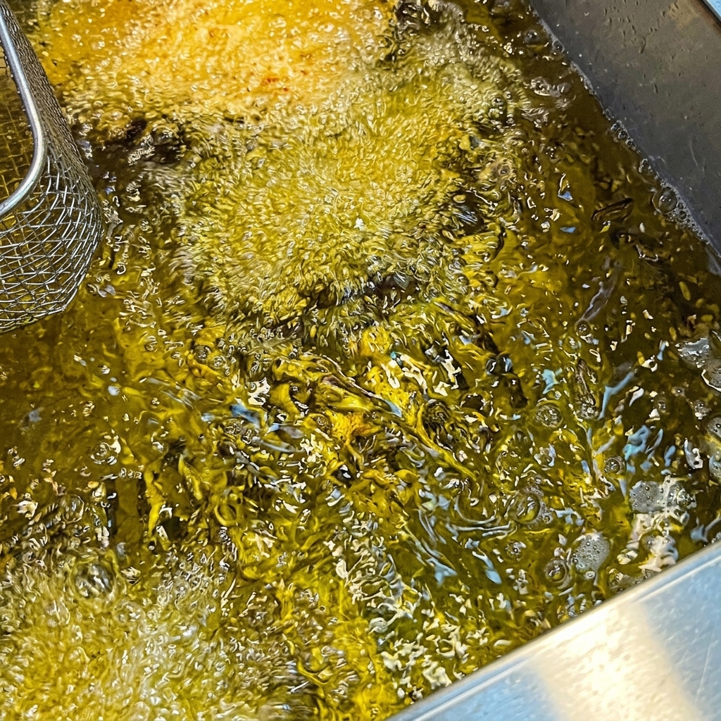 Cotolette di maiale che friggono in olio caldo.