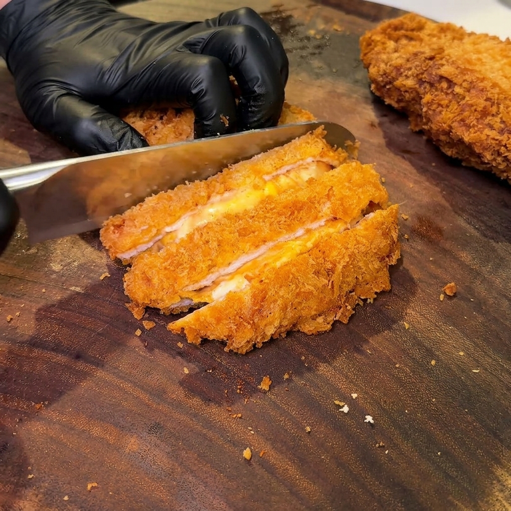 Cotoletta fritta tagliata su tagliere in legno, con formaggio fuso visibile allinterno.