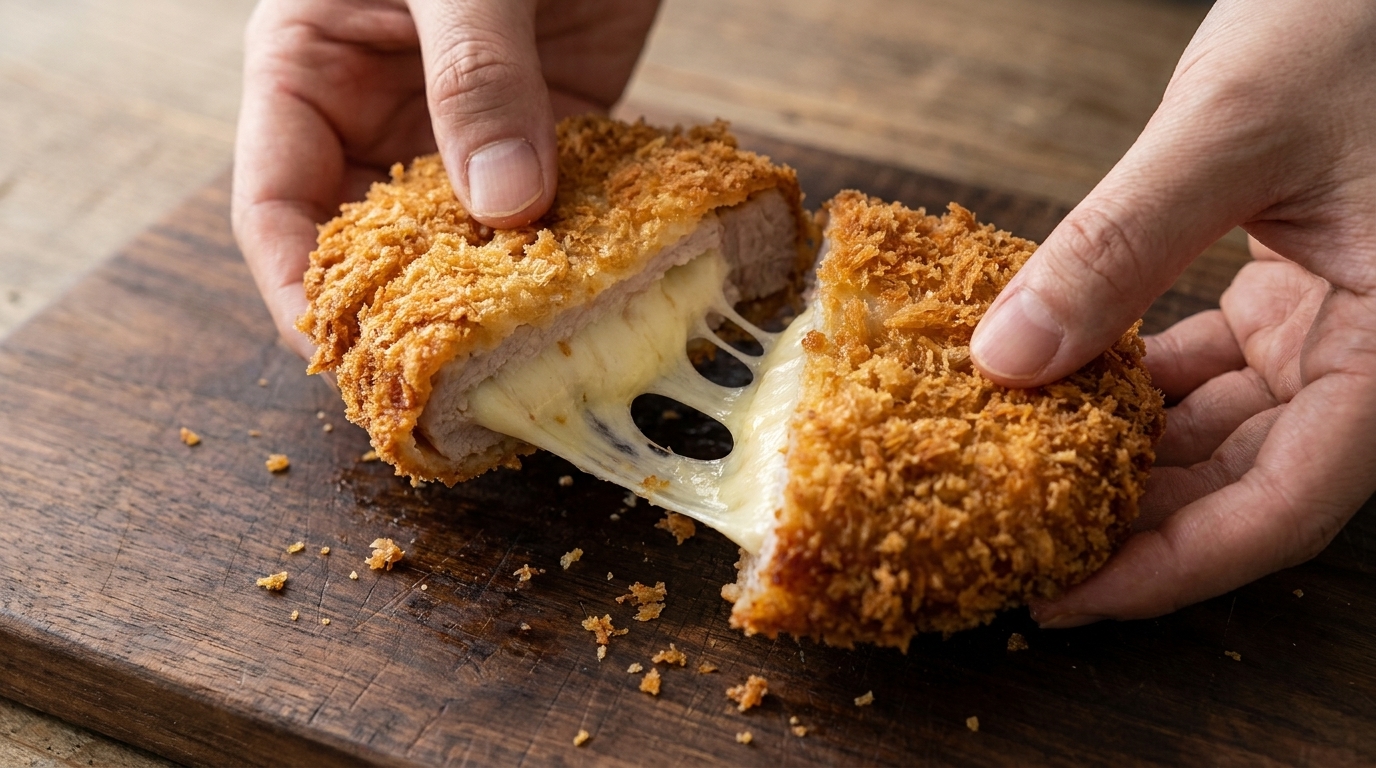 Una cotoletta di maiale dorata aperta a metà per rivelare un ricco cuore di formaggio fuso.