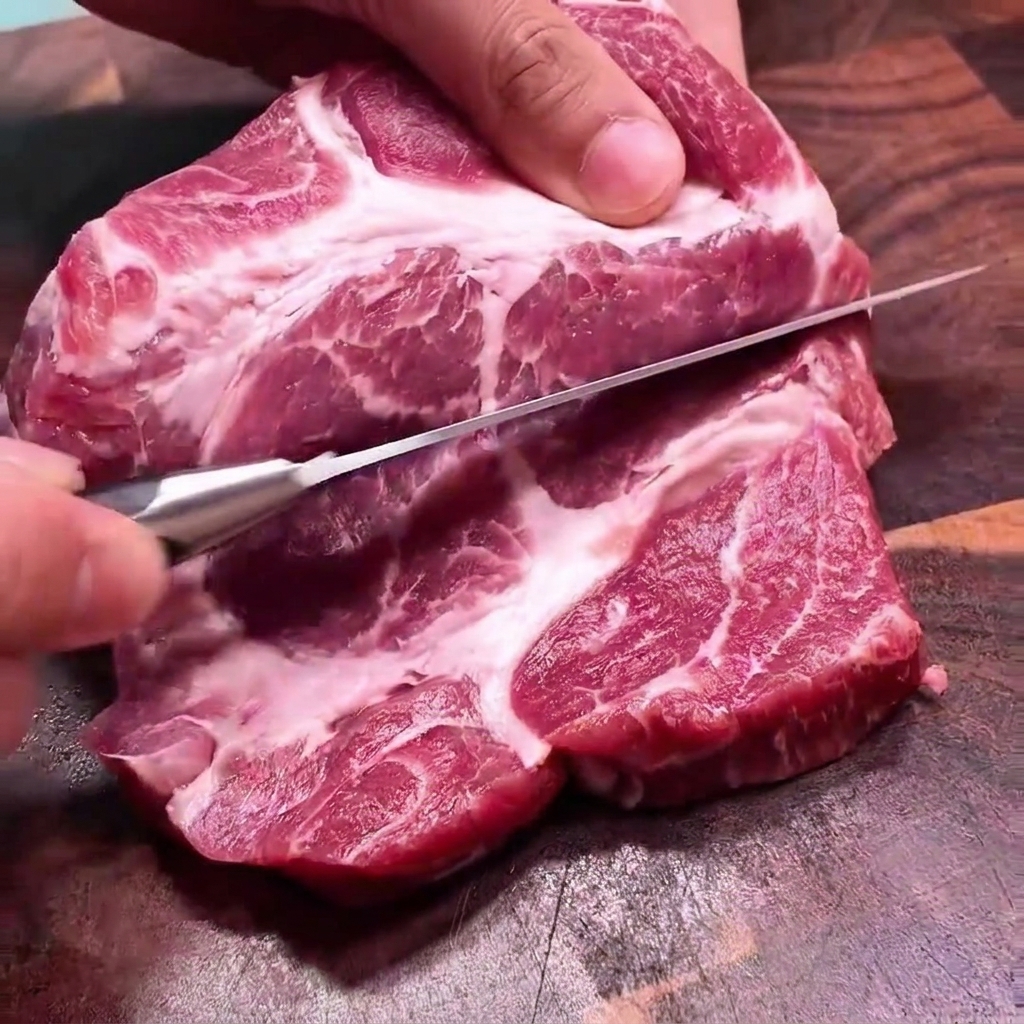 Mani che tagliano una spessa braciola di maiale a metà in orizzontale con un coltello da cucina.