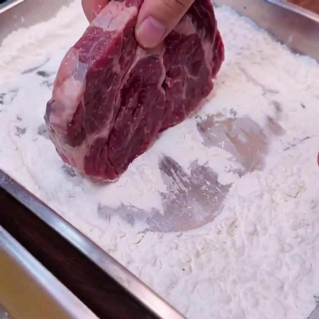 Una mano che preme un pezzo di carne cruda in un vassoio pieno di fecola bianca.