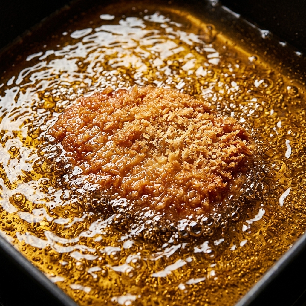 Un pezzo di braciola immerso in una ciotola di uovo sbattuto con un utensile da cucina.
