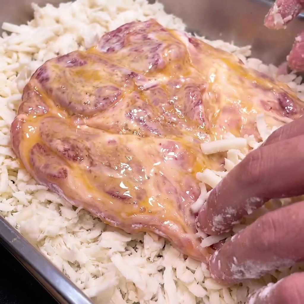 Dita che premono con decisione un pezzo di braciola impanata in un vassoio di pangrattato grosso.