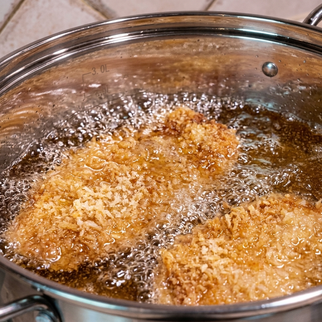 Due cotolette impanate che friggono in olio bollente in una pentola dacciaio.