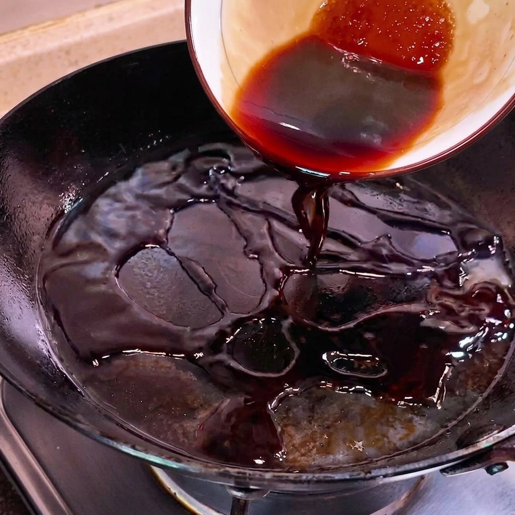 Salsa scura versata in una padella contenente cipolla bianca affettata.