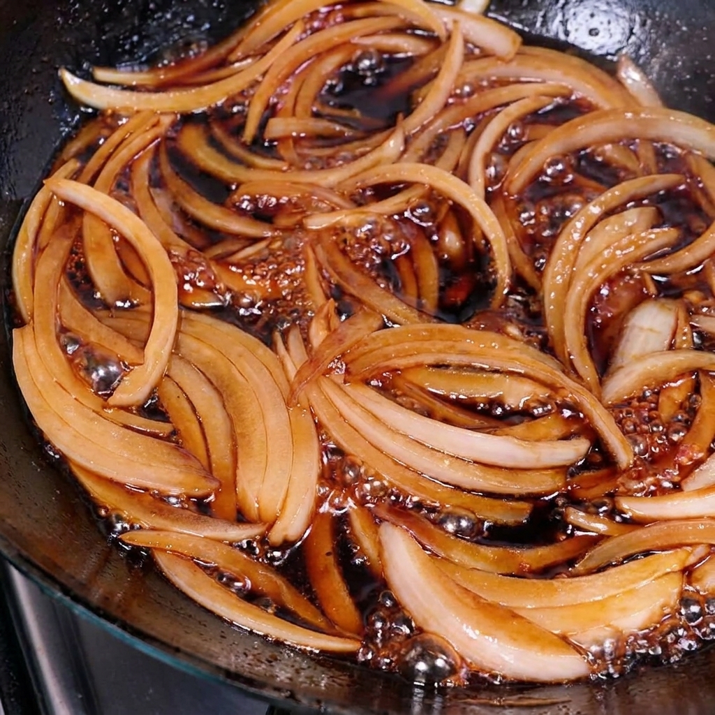 Strisce di cotoletta dorata disposte ordinatamente sopra le cipolle saltate in salsa scura.