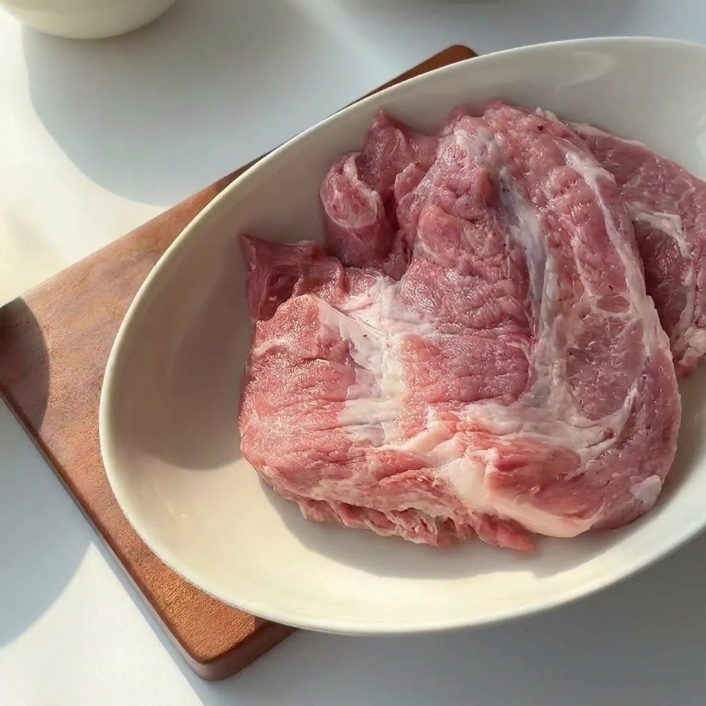 Una braciola di maiale cruda in una ciotola bianca condita con liquidi e polvere di amido bianco.