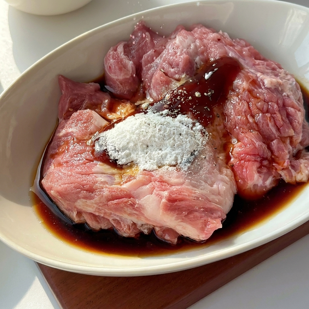 Una mano con un guanto massaggia la braciola di maiale condita allinterno di una ciotola in ceramica bianca.