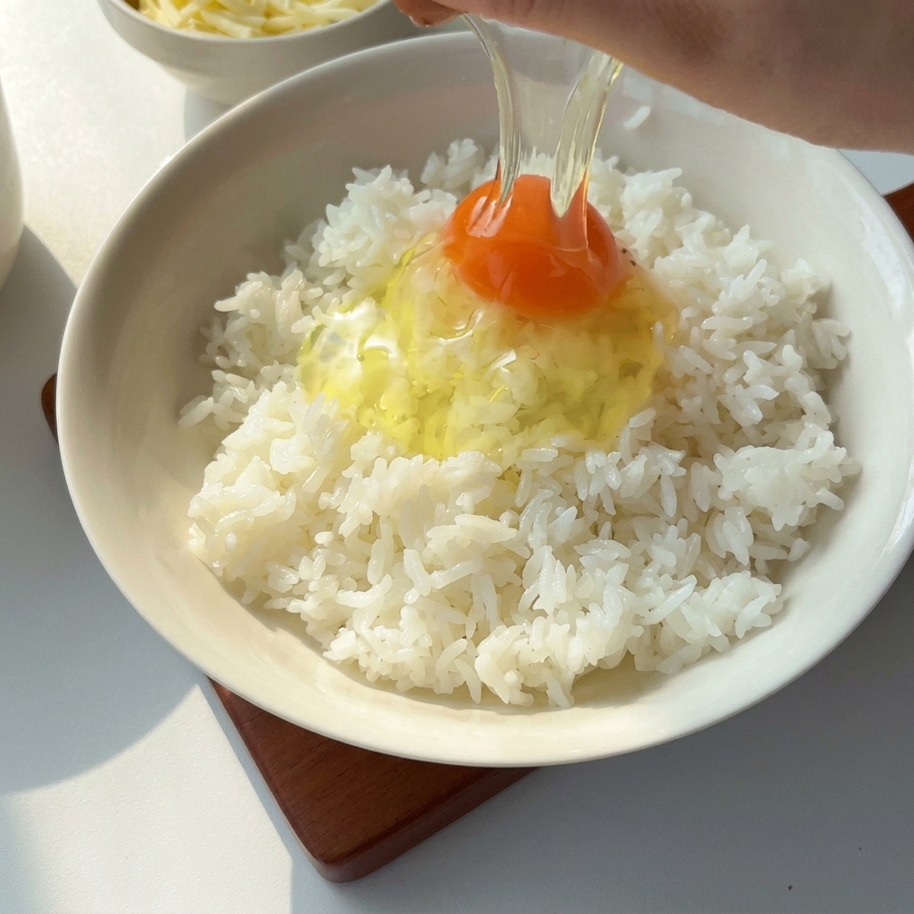 Un uovo crudo versato sopra una ciotola di riso bianco cotto.