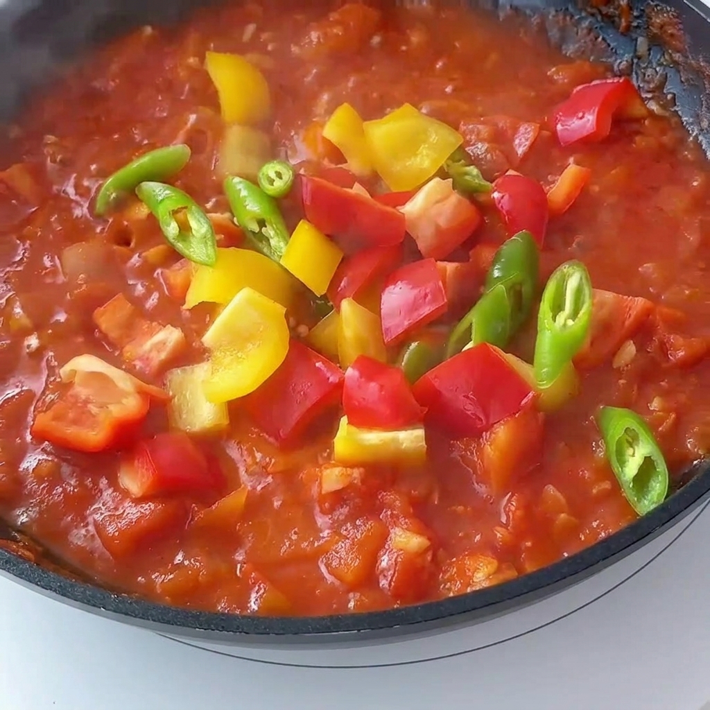 Peperoni colorati a dadini aggiunti alla salsa di pomodoro che sobbolle in padella.