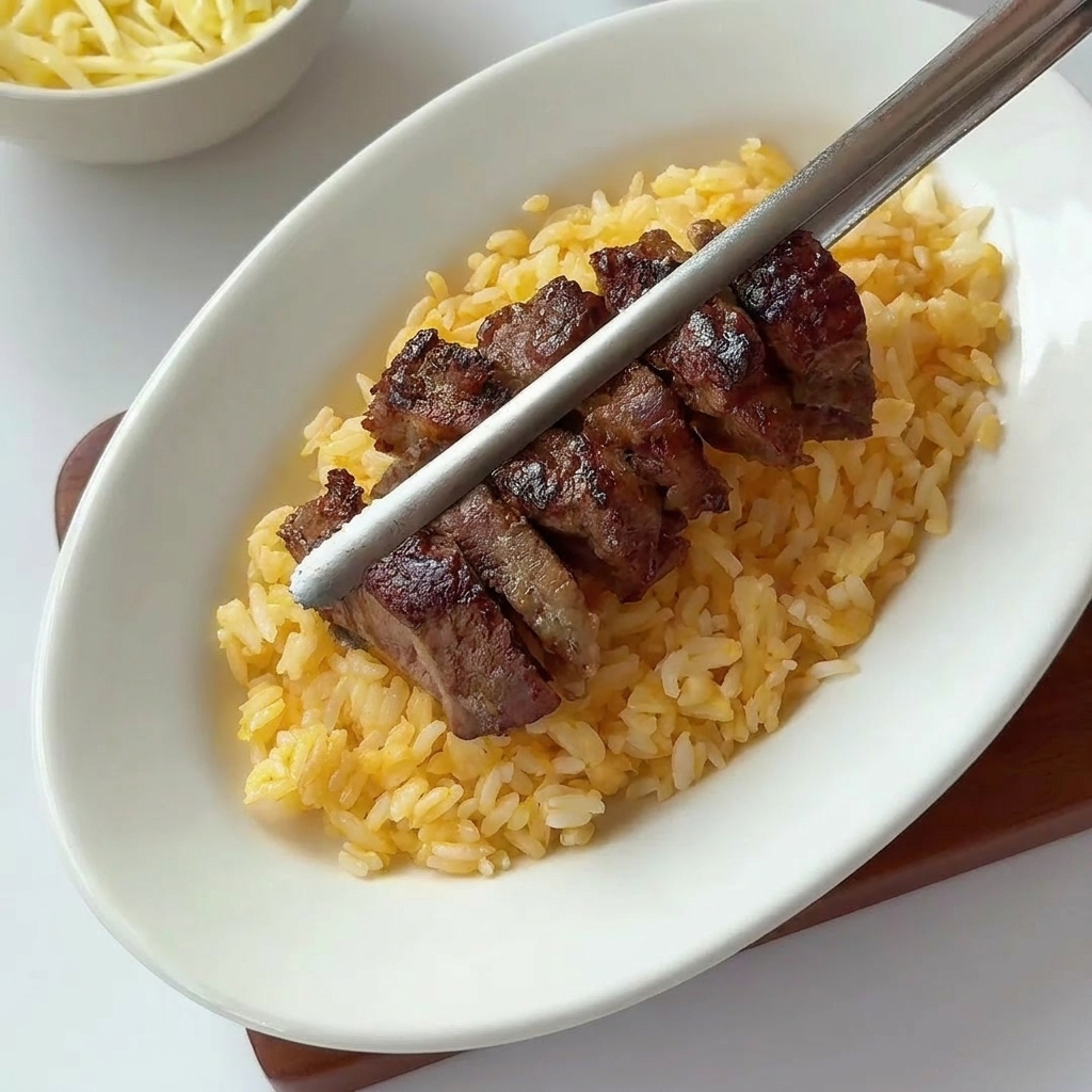 Braciola di maiale posizionata su un letto di riso, pronta per essere ricoperta dalla salsa.