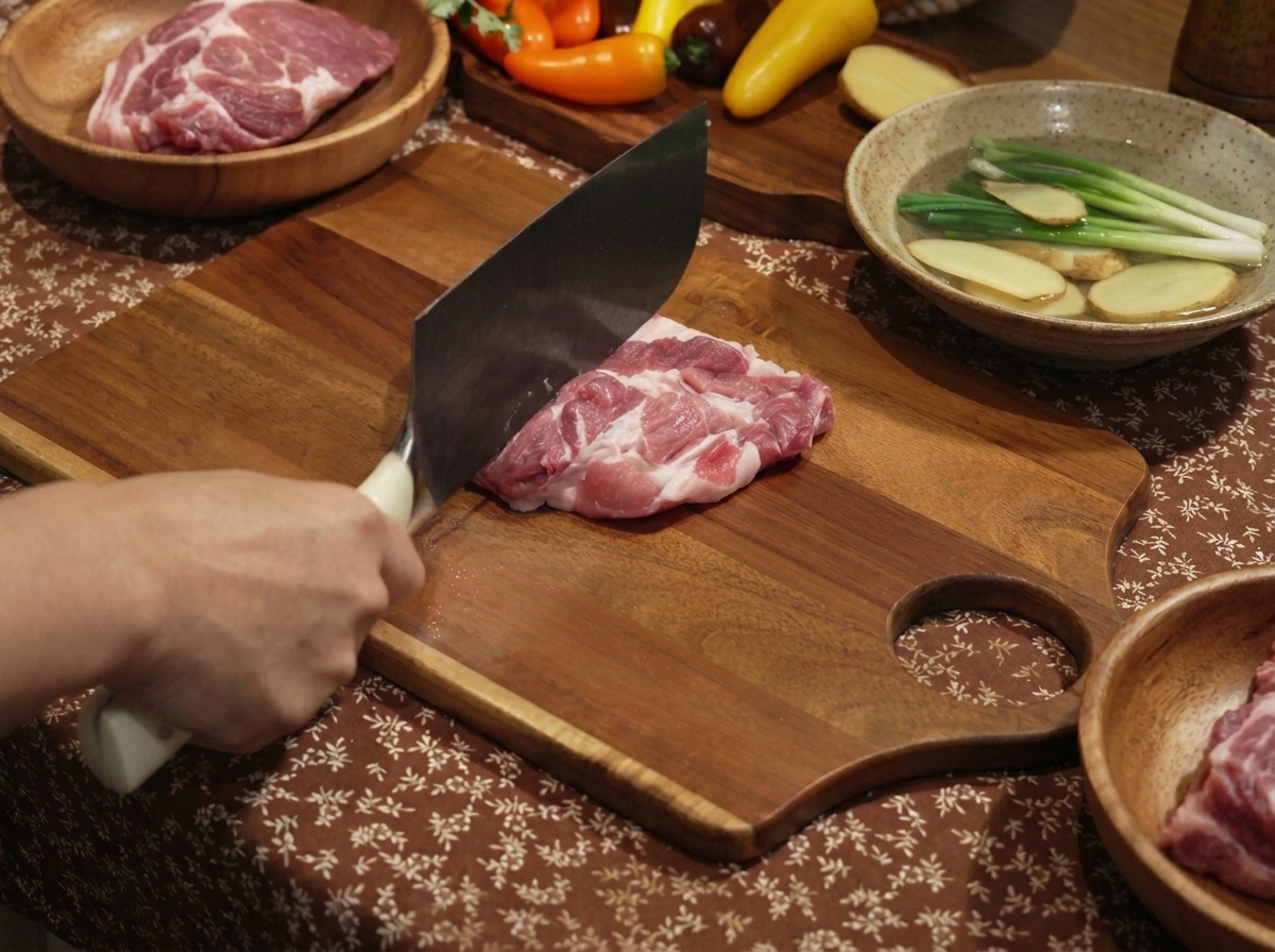 Una cotoletta di maiale condita con salsa di soia, salsa di ostriche, zucchero, sale e pepe su un tagliere di legno.
