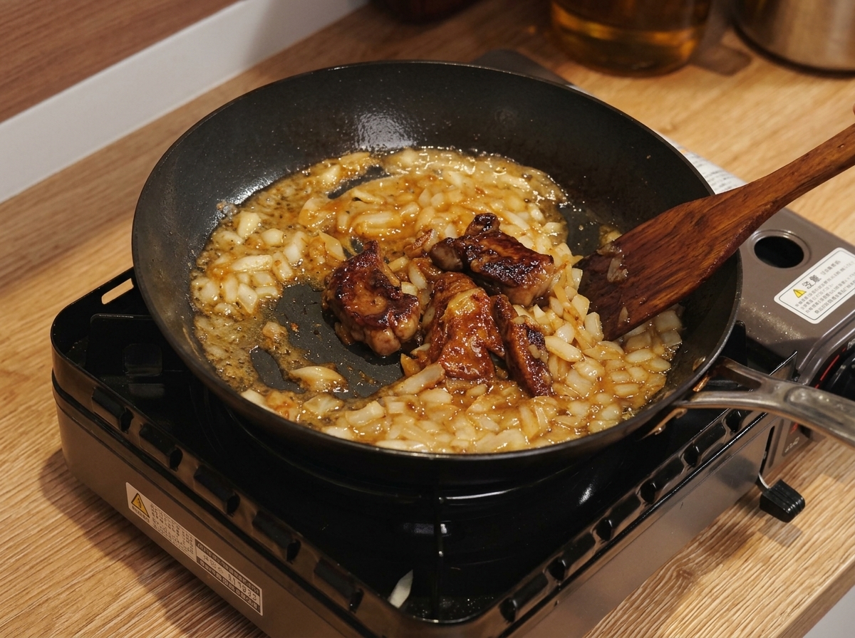 Primo piano di un cucchiaio di legno che mescola una densa salsa al curry in padella con cioccolato fuso e latte.