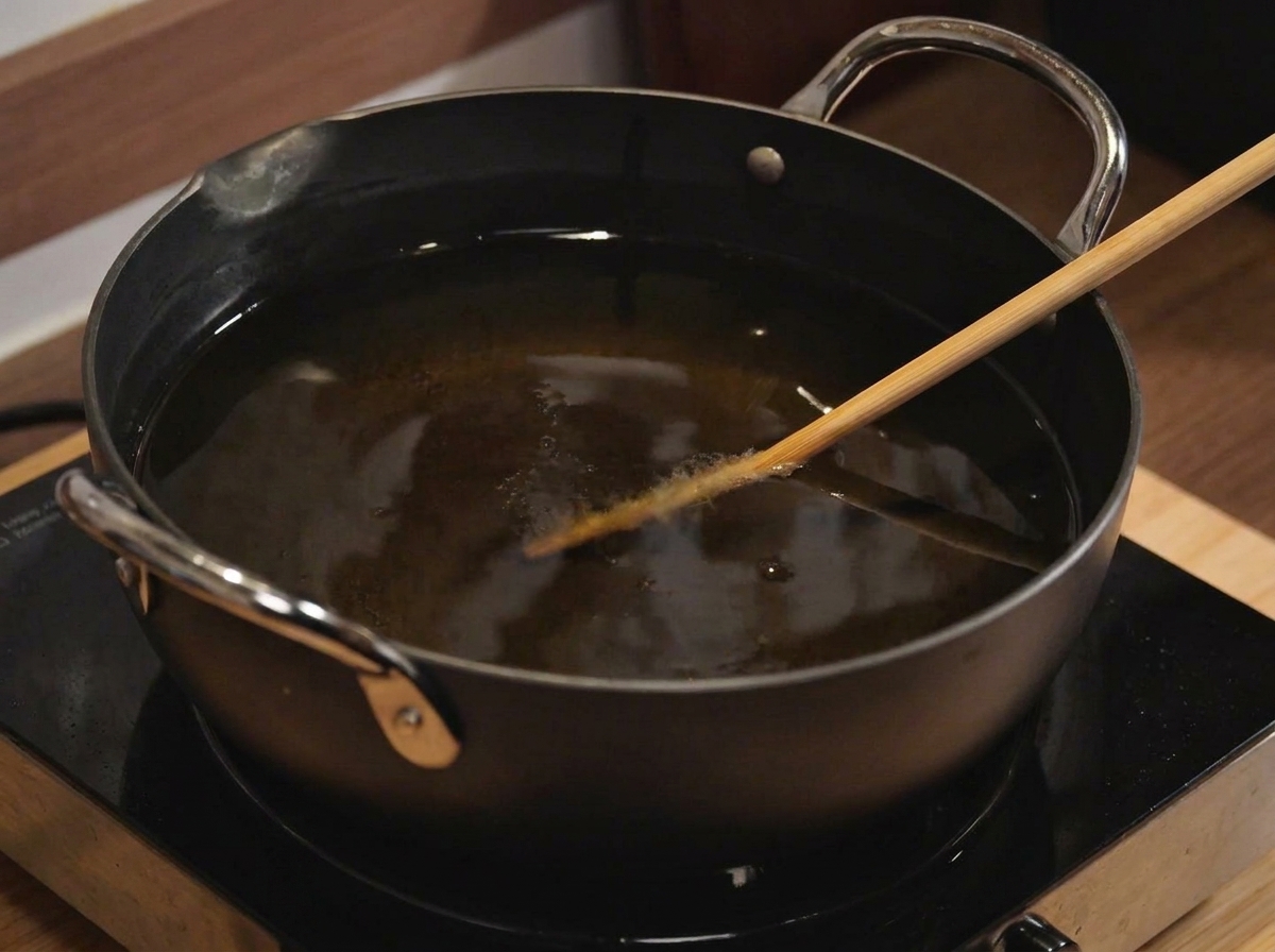 Una cotoletta di maiale impanata che frigge in olio bollente in una pentola.