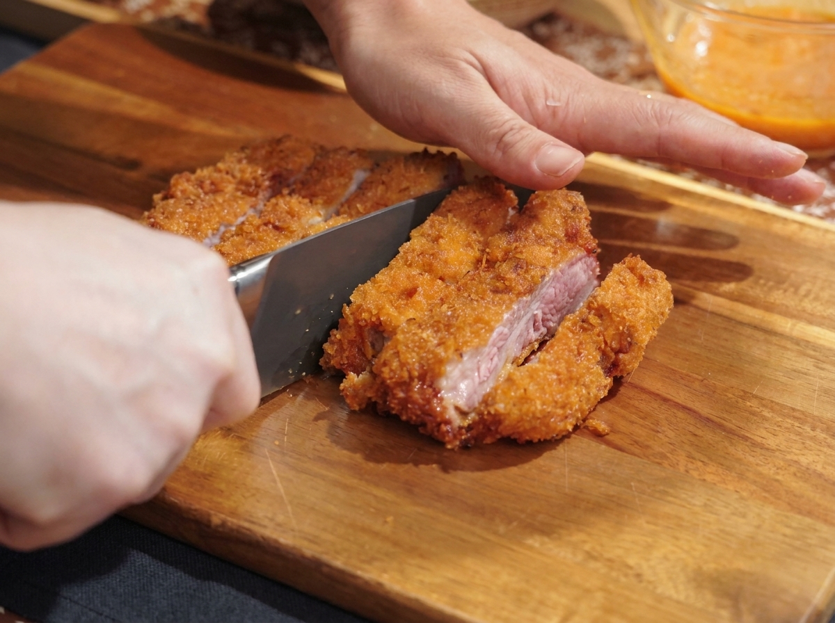 Una croccante cotoletta di maiale fritta tagliata a strisce su un tagliere di legno.