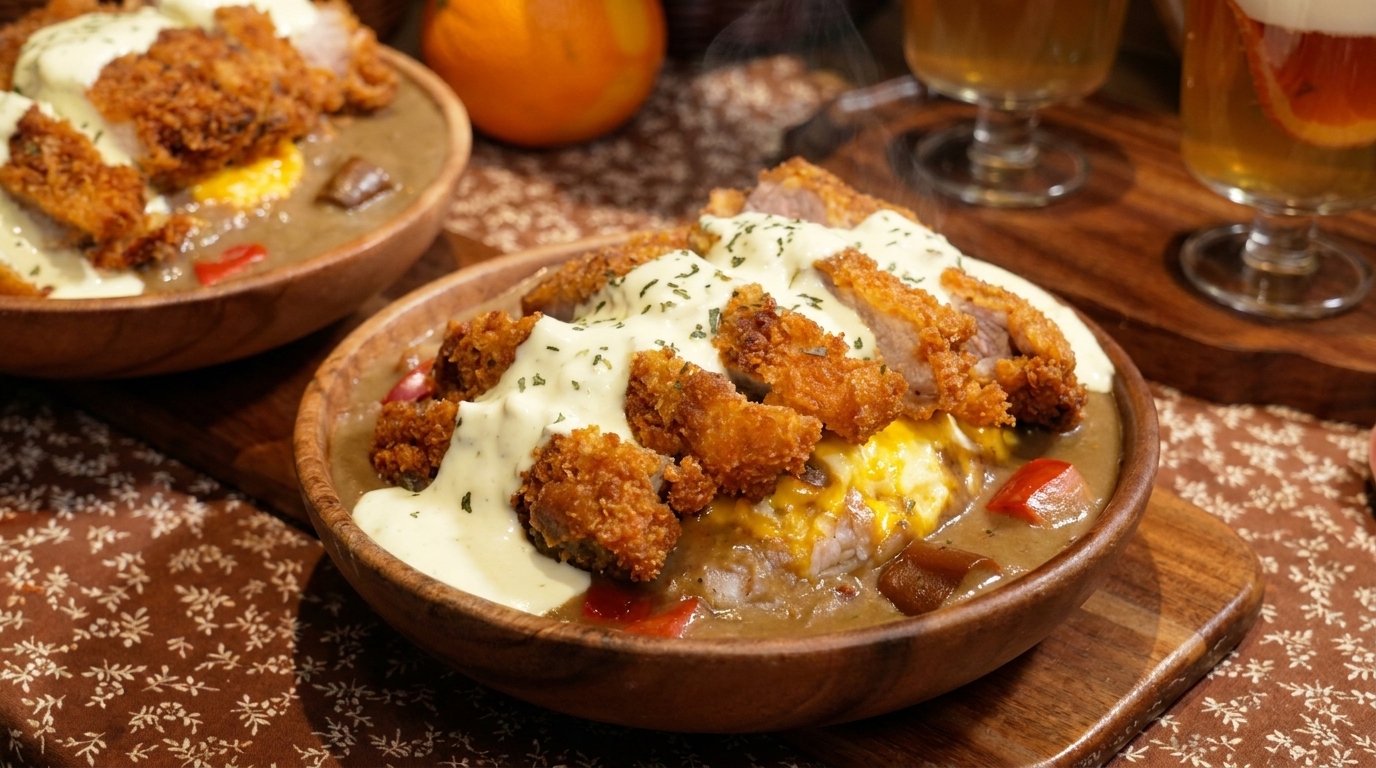 Riso al Curry Giapponese con Cotoletta di Maiale Croccante e Uova Strapazzate