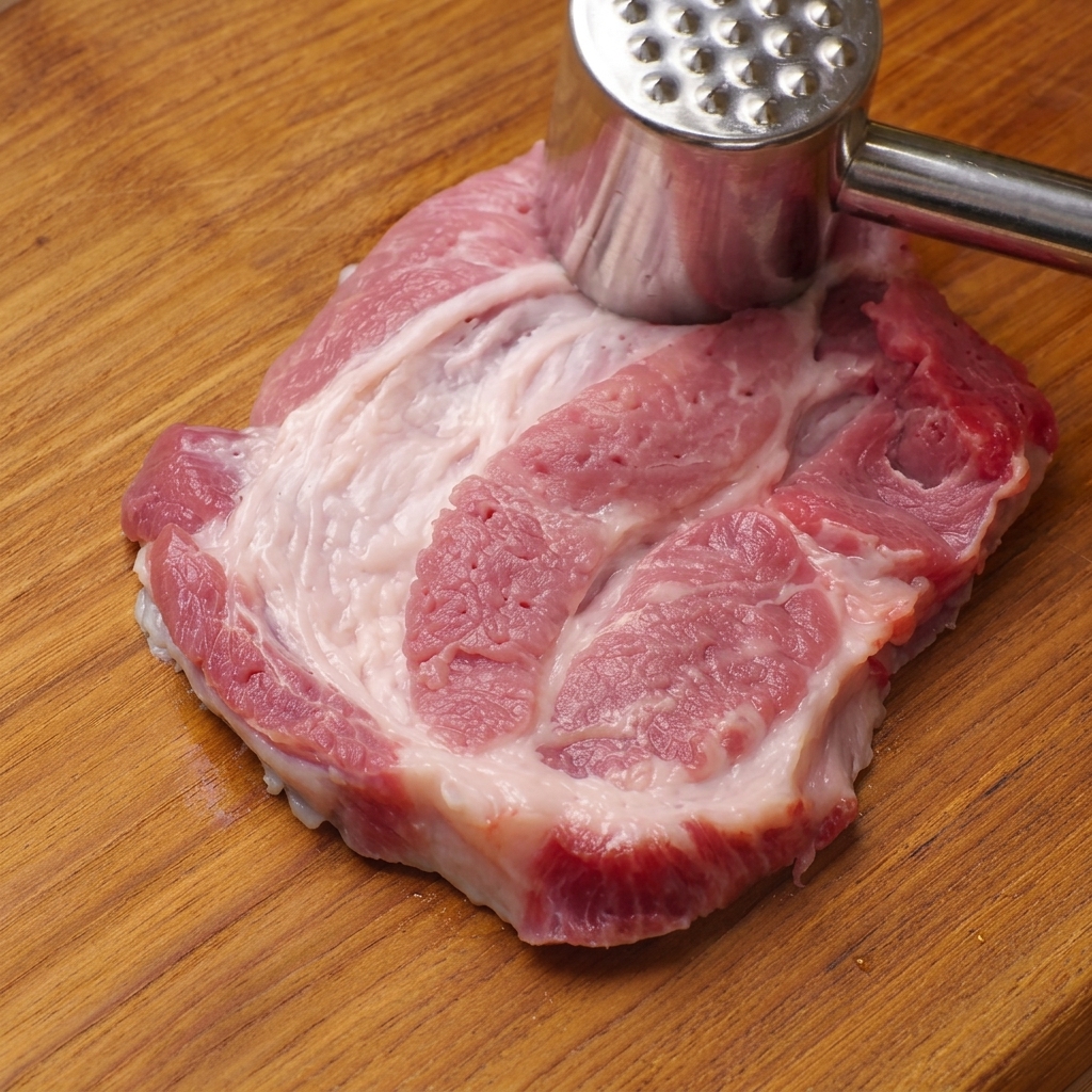 Un batticarne in metallo che batte un pezzo di spalla di maiale cruda su un tagliere di legno.