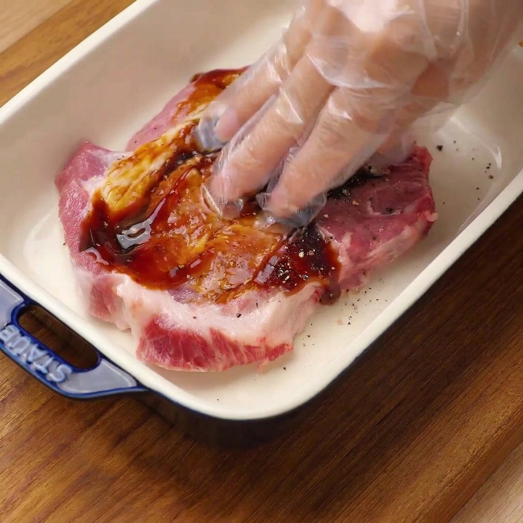 Una mano con un guanto massaggia salsa dostrica, sale e pepe nero su una cotoletta di maiale cruda in un piatto di ceramica.