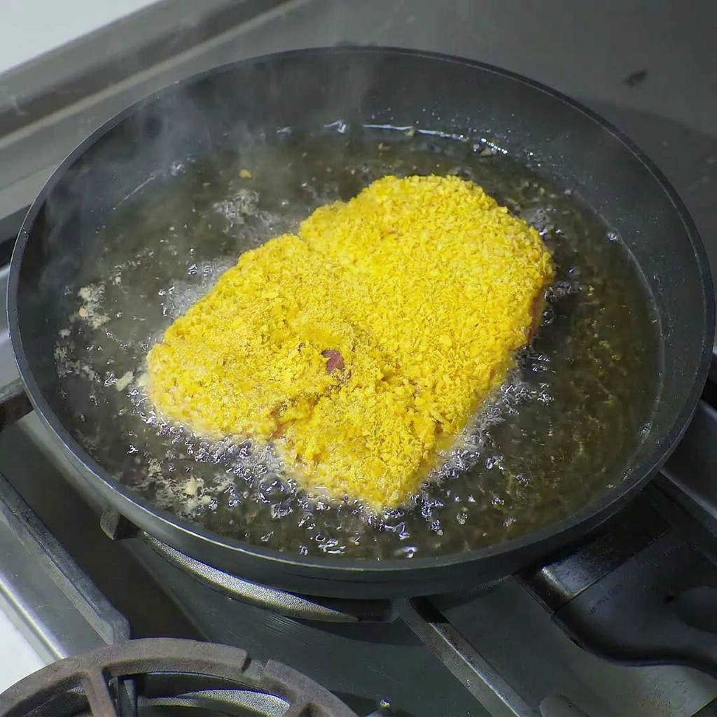 Una grande e spessa cotoletta impanata che frigge in olio bollente allinterno di una padella antiaderente nera.