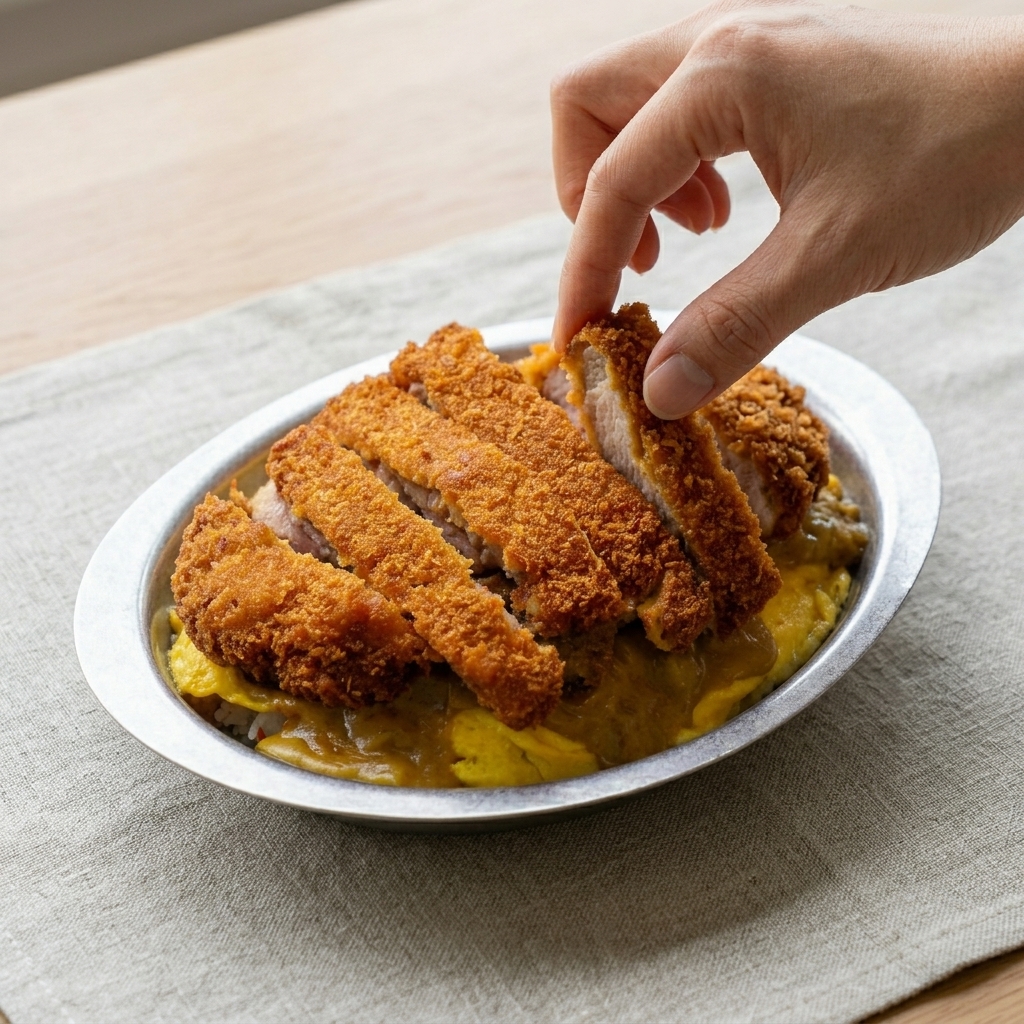Cotoletta a fette croccante e dorata posizionata su una ciotola di riso ricoperta di uova e curry.