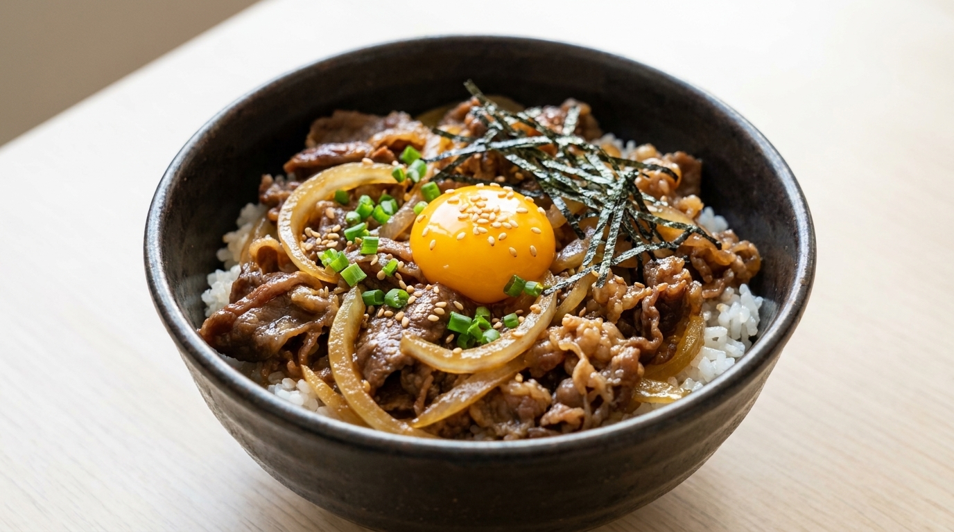 Una confortante ciotola di Gyudon guarnita con tuorlo duovo fresco, cipollotti e alga nori.