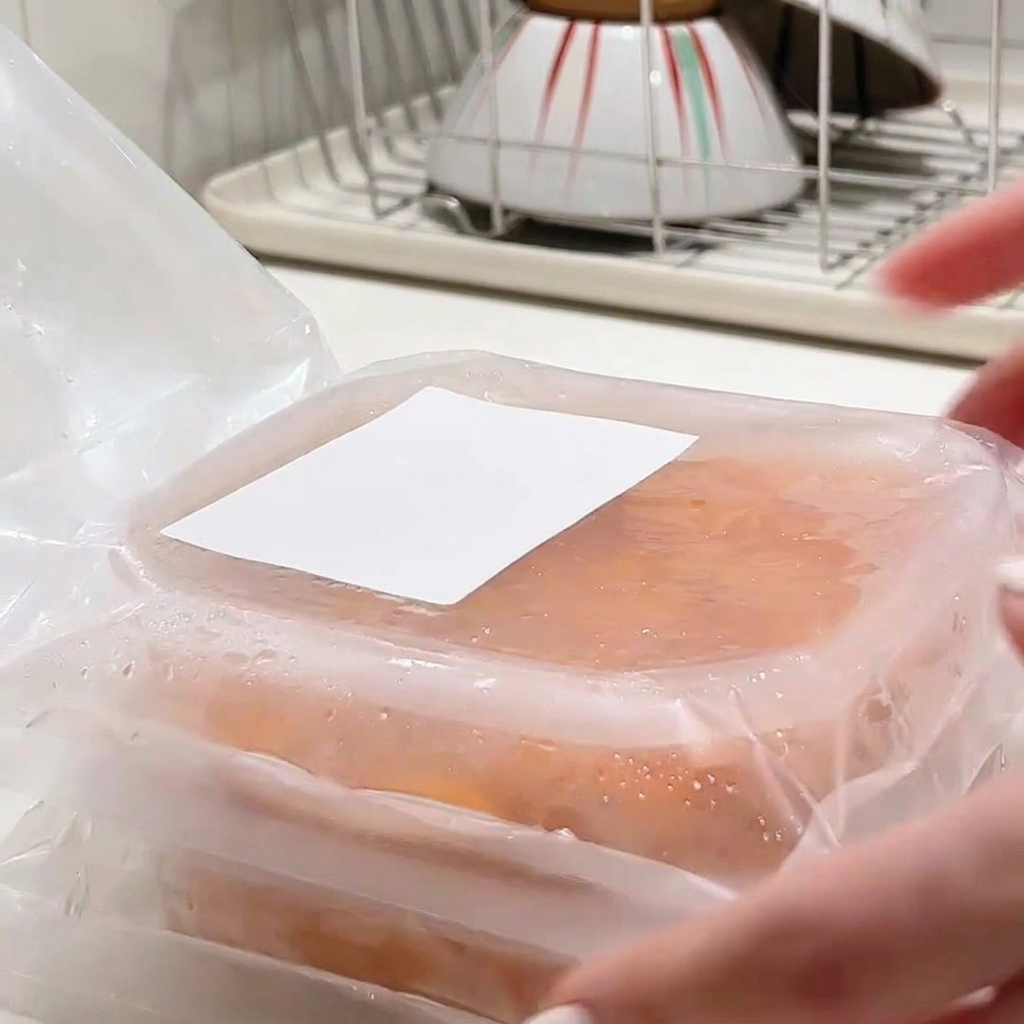 Mani che aprono la confezione di plastica di un contenitore pieno di ricci di mare freschi e arancioni.