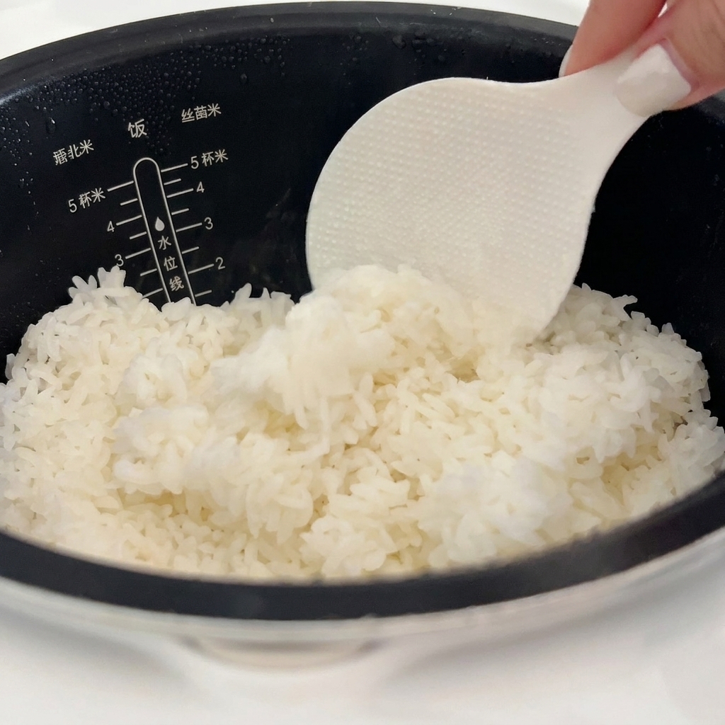 Una spatola per riso in plastica bianca preleva del soffice e caldo riso bianco da un cuociriso scuro.