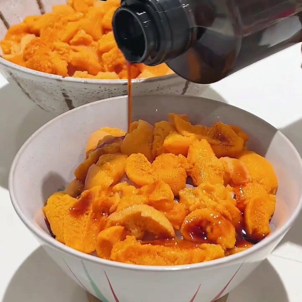 Salsa di soia versata a filo da una bottiglia su una ciotola piena di ricci di mare freschi e brillanti.