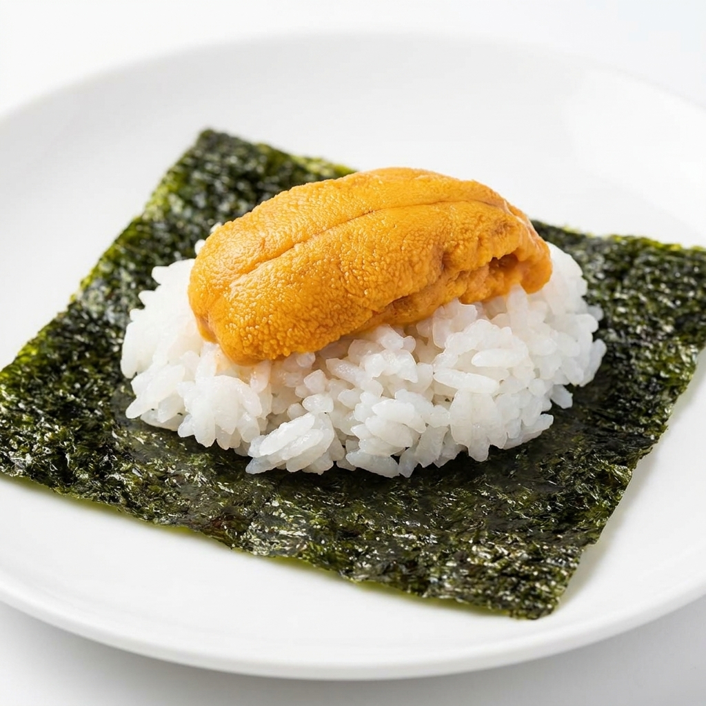 Un pezzo di riccio di mare crudo riposa su una piccola montagnola di riso bianco, a sua volta adagiato su un croccante quadrato verde scuro di alga tostata.