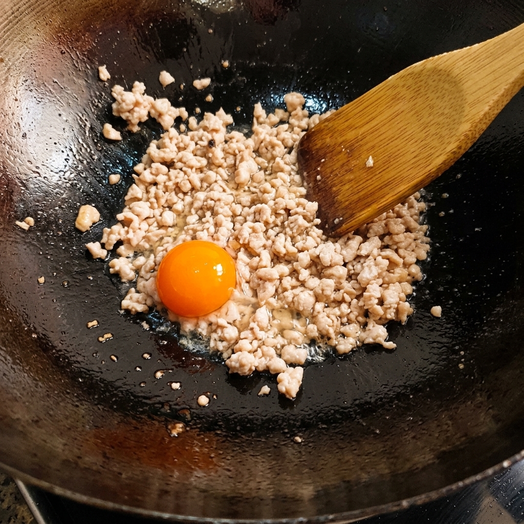 Tuorlo duovo salato sbriciolato e saltato con la carne macinata nel wok.