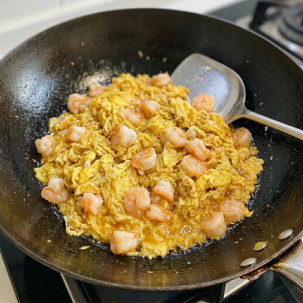 Pezzi di gambero fresco aggiunti al composto di carne rosolata e tuorlo duovo salato nel wok.
