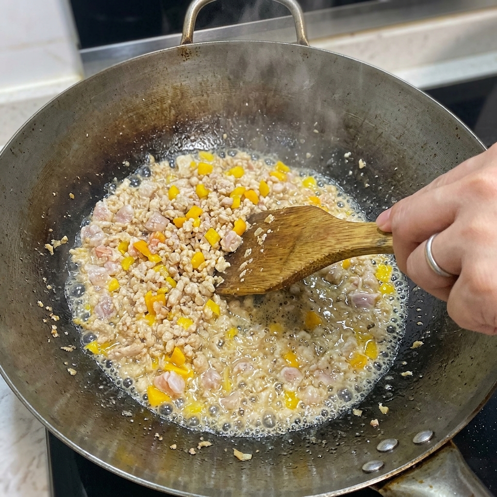 Zenzero, aglio tritati e la parte bianca dei cipollotti saltati con il mix di carne e gamberi.
