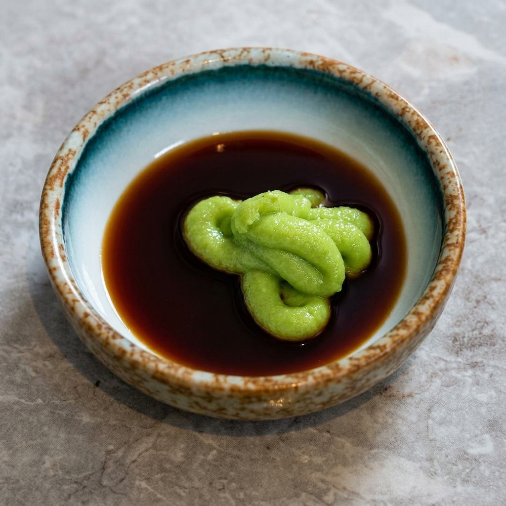 Salsa di soia scura versata su un mucchietto di pasta di wasabi verde in un piccolo piatto laterale.