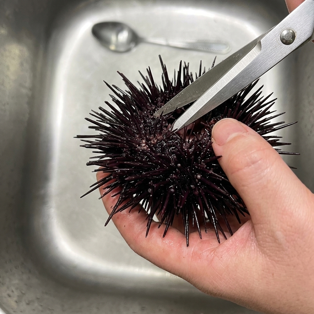Una persona che usa forbici da cucina per tagliare il guscio spinoso di un riccio di mare nero.