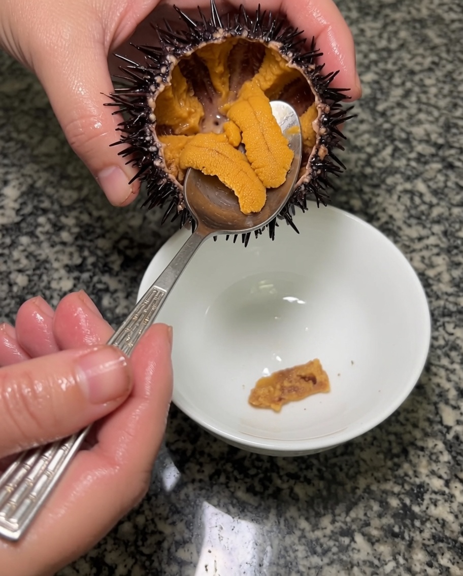 Un cucchiaio di metallo che solleva segmenti interi di uni arancione in una ciotola.