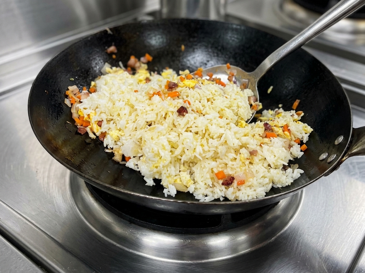 Mescolare vivacemente il riso nel wok ad alta temperatura.