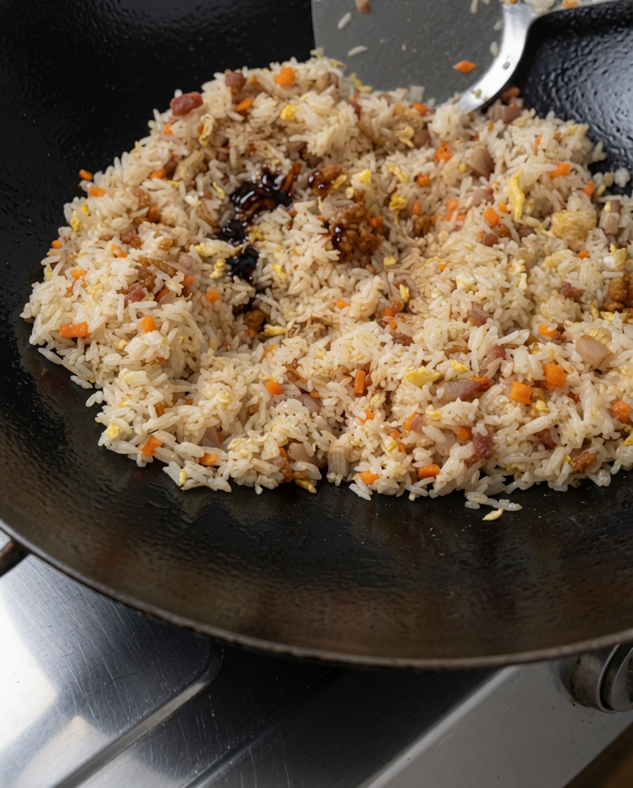 Salsa di soia scura versata lungo i bordi caldi del wok.