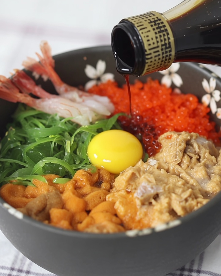 Salsa di soia scura versata da una bottiglia su una colorata ciotola di riso ai frutti di mare finita.