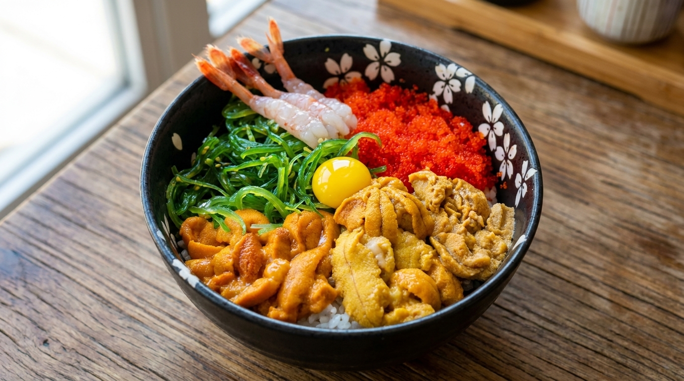 Una vibrante ciotola di uni fresco, tobiko, insalata di alghe e gamberi dolci servita su riso caldo con un tuorlo duovo di quaglia crudo.