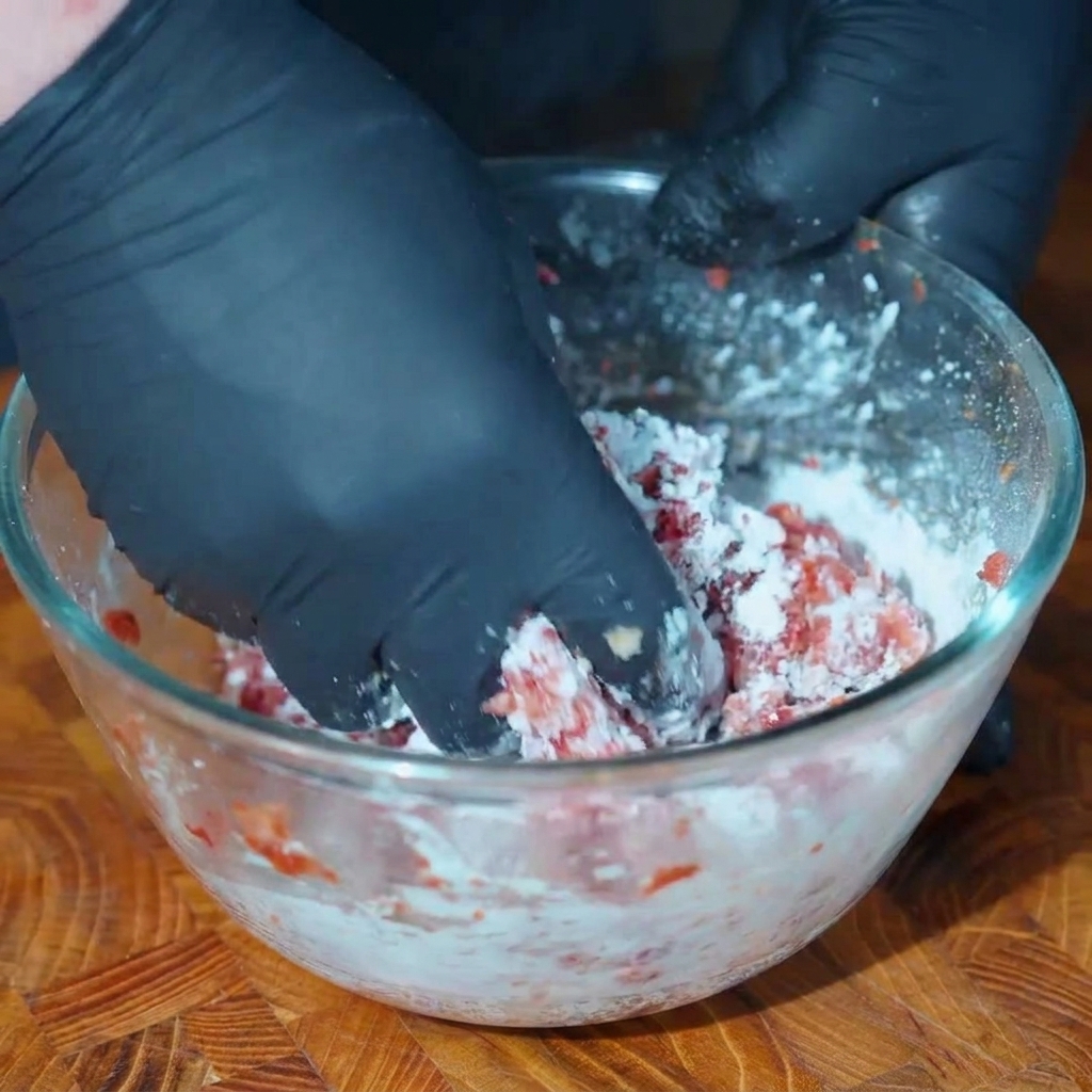 Il composto di carne lavorato e sbattuto in una ciotola di vetro per creare elasticità.