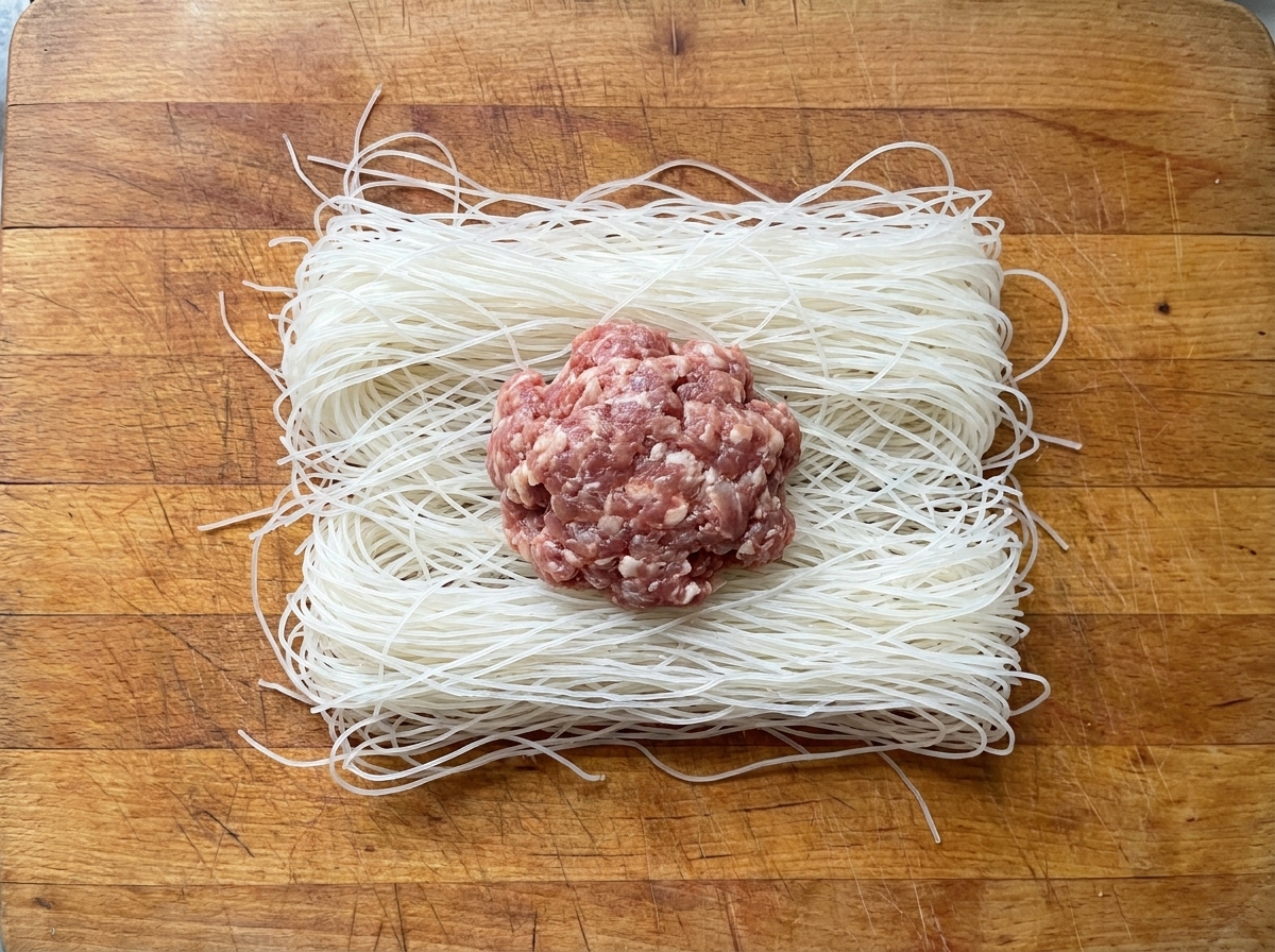 Una porzione spessa di composto di manzo crudo posizionata sopra lo strato di pasta sfilacciata.