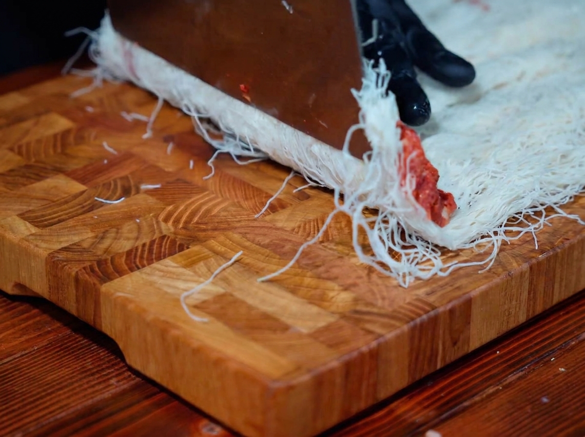 I fili di pasta fine ripiegati sopra il ripieno di manzo per creare una forma a cilindro ordinata.