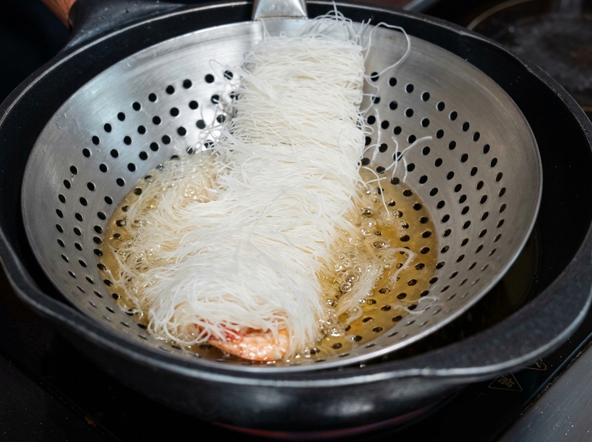 Un cilindro di manzo avvolto nella pasta appoggiato su una schiumarola, mentre viene immerso nellolio bollente.