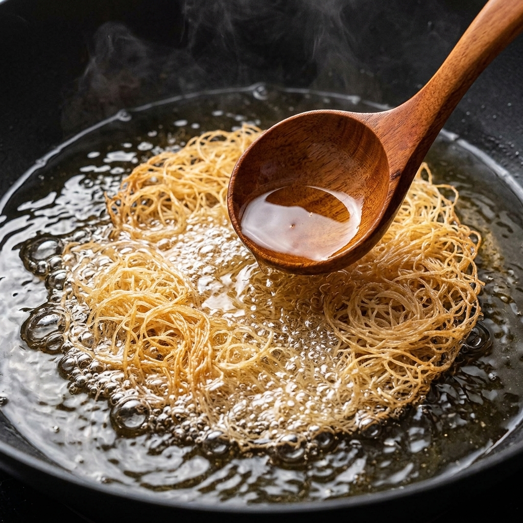Un mestolo di legno che versa olio bollente sui fili di pasta del tortino mentre frigge in padella.