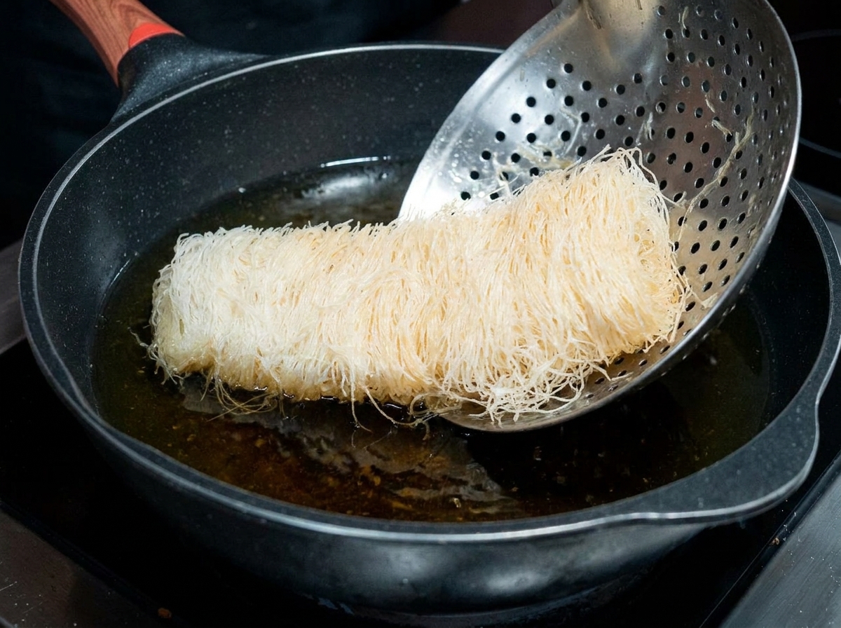 Un rotolo di manzo leggermente fritto su una schiumarola, immerso di nuovo nellolio caldo per la seconda frittura.