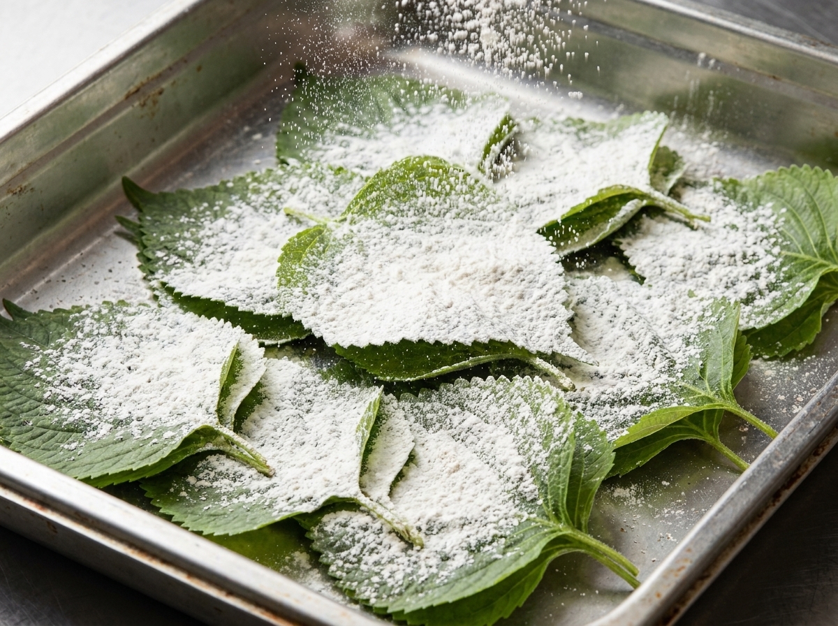 Foglie fresche di perilla verde in un vassoio di metallo, spolverate con un leggero strato di farina bianca.