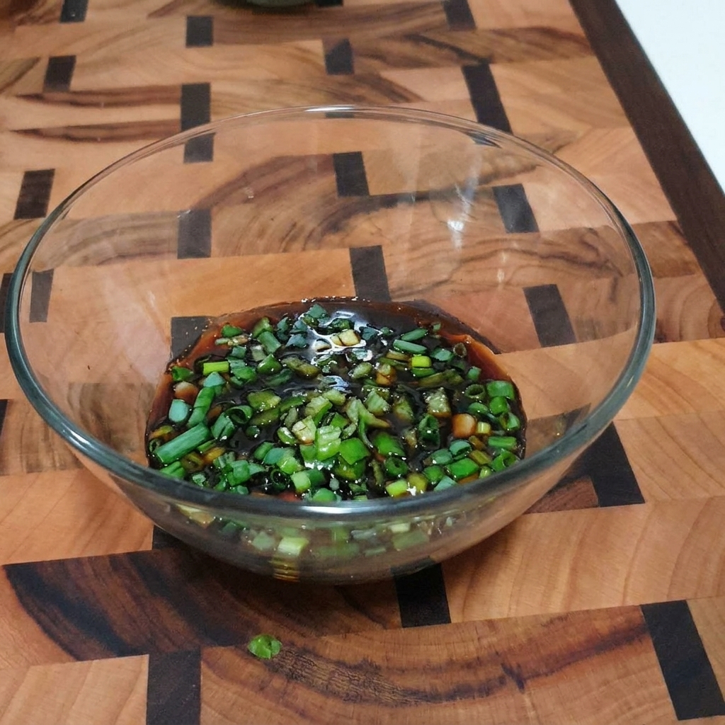 Una ciotola di vetro trasparente contenente una salsa a base di soia con cipollotti visibili, peperoncini tritati e semi di sesamo.