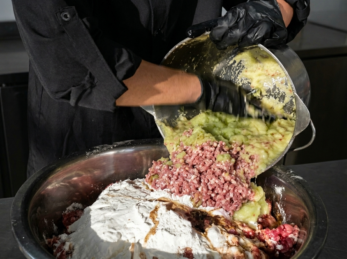 Versare una purea di frutta e verdura frullata sopra la carne macinata e lamido in una grande ciotola di metallo.