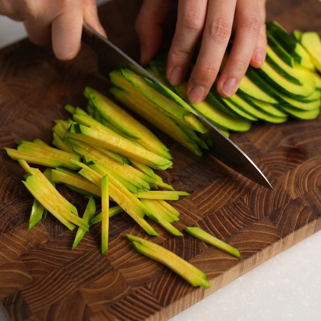 Primo piano di zucchine fresche tagliate a fiammifero sottile su un tagliere.